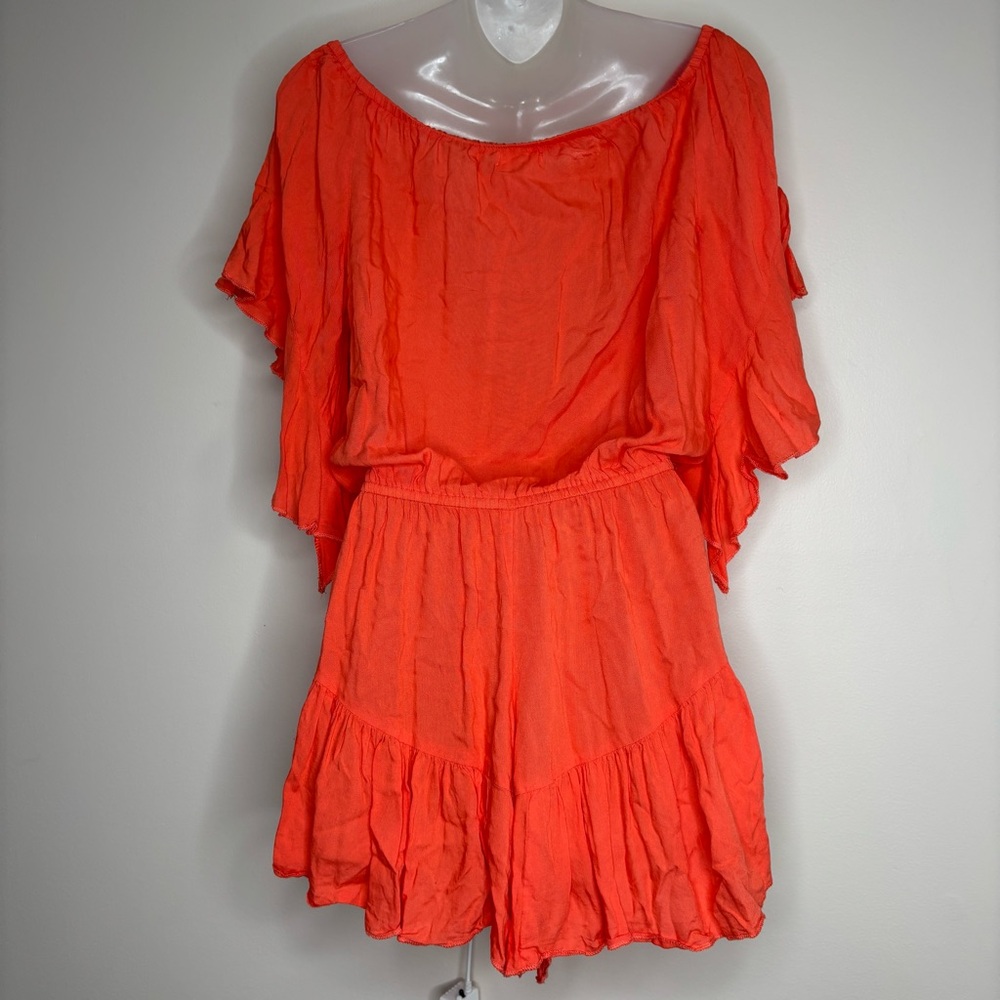 VENUS Y2K 2000s orange drawstring romper swimsuit coverup small ruffle sleeve - Picture 4 of 9